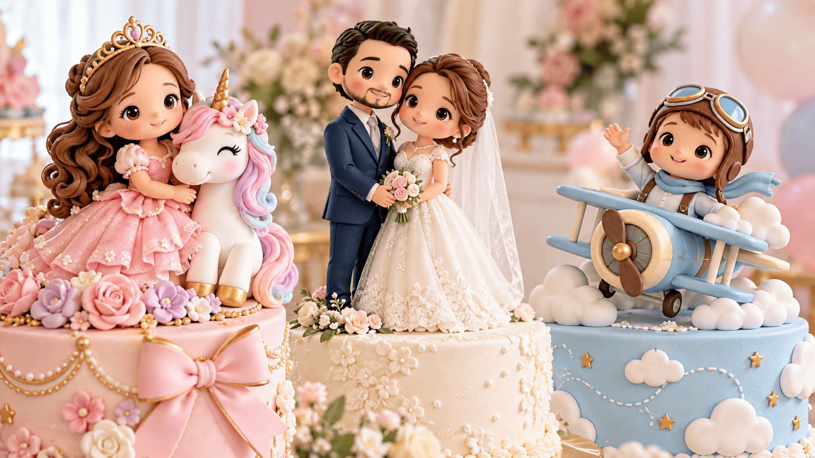 Topos de bolo personalizados em biscuit para aniversário infantil e casamento